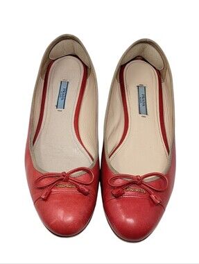Prada Red Cap Toe Bow Leather Logo Ballerina Ballet Flats Size EU 40